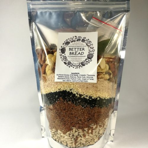 Product picture that says "Oats, Nuts & Seeds Bread Premix" for Better than Bread.