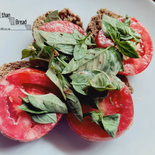 Better Than Bread - 90 Second Mug Bread: Garlic Flavour, servd with fresh basil and tomato - tossed in hot sauce